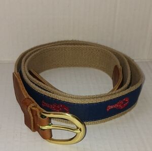 Preston LOBSTER Belt, Sz 46 Made In New England Brass Buckle Leather Canvas